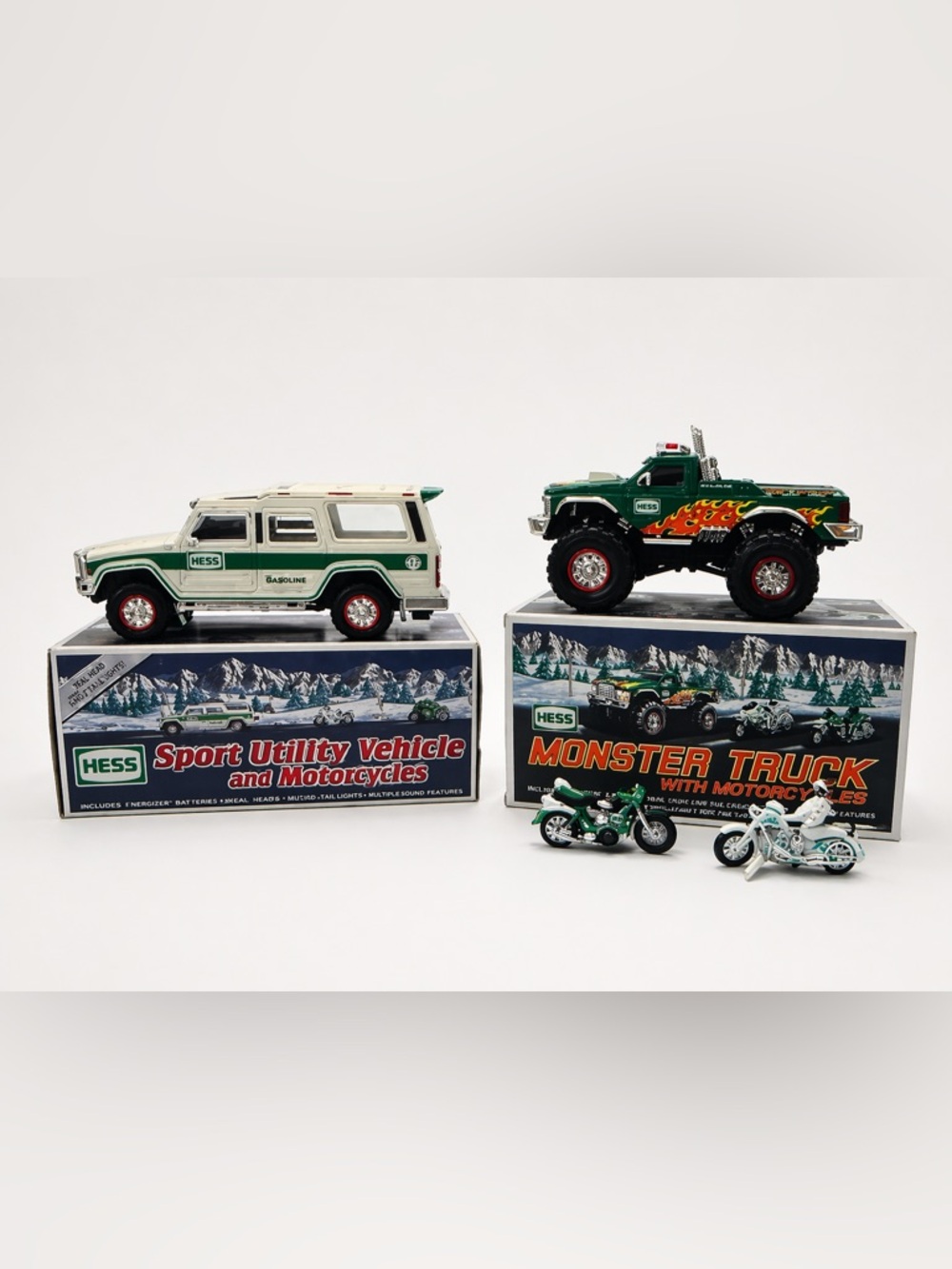 Hess Toy Truck Lot SUV + Monster Truck w Motorcycles & Boxes Vintage Collectible